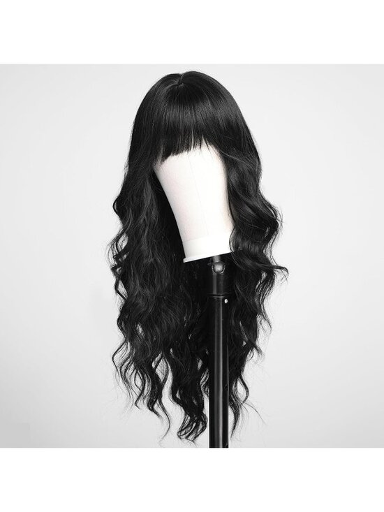 Women\'s Black Heat Resistant Long Curly Wavy Synthetic Wig with Bangs Size 26In main image 2
